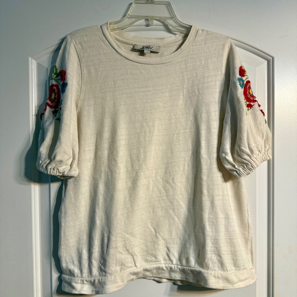 Loft Top Womens Medium Ivory Floral Embroidered‎ Puff Sleeve Cotton